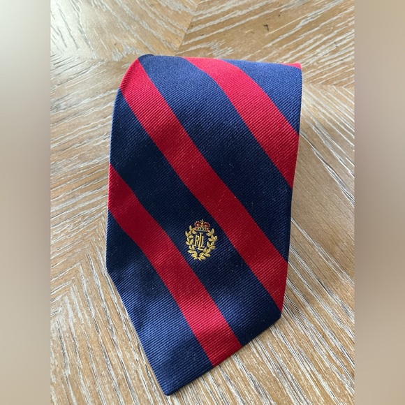 Vintage Lauren Ralph Lauren Blue & Red Stripe Silk Hand Finished Tie with Logo - Picture 3 of 11